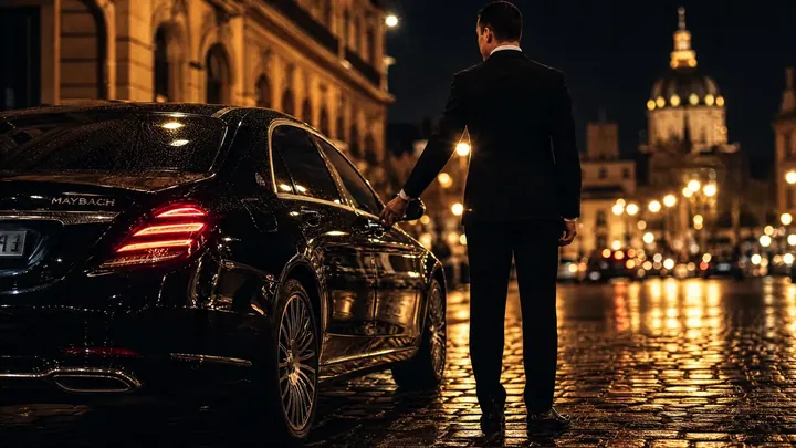 مرسيدس بنز S-Class فاخرة أمام فندق فخم ليلاً